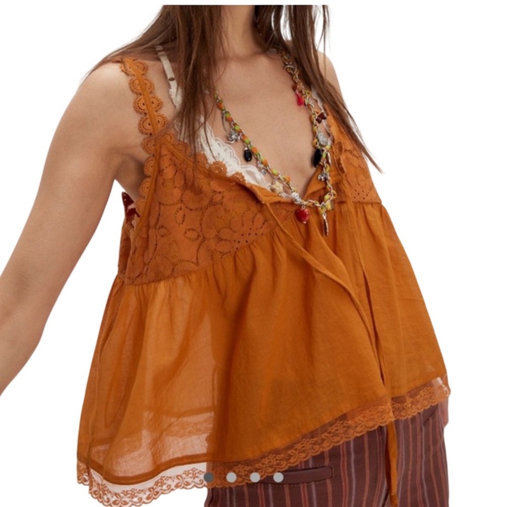 NWT Free People Stevie Lace Tank Thai Curry Orange Babydoll Romantic Cottage S